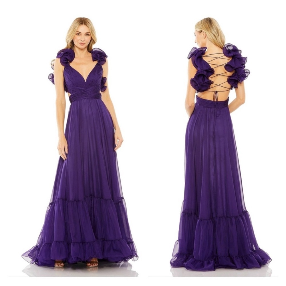 Mac Duggan Ruffle Tiered Cut-Out Chiffon Gown 67911 Mardi Gras Royal Purple 6